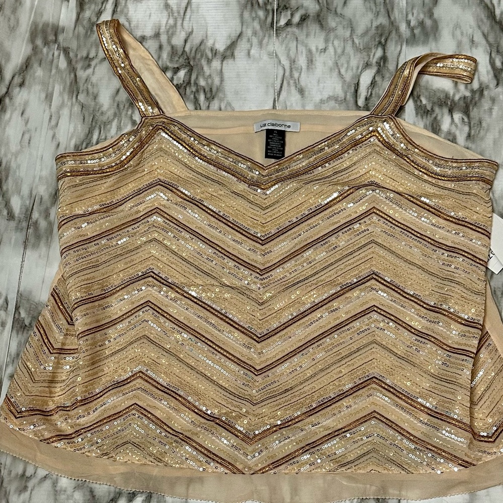 Liz Claiborne Gold Bronze Sequin Embellished Tank Top Chevron Mermaid Shimmer - Picture 4 of 8